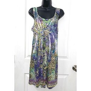 S-Twelve vibrant green, purple, and yellow paisley and floral print dress